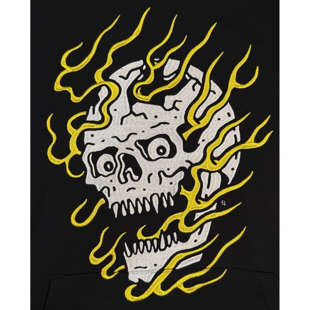 Lurking Class Skull Hoodie Mens Small Yellow Black Graphic Pullover Embroidered